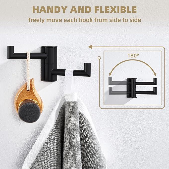 Angle Simple Swivel Double Towel Hook Matte Black, 304 Stainless Steel Robe Hook for Bathroom - ModernBath