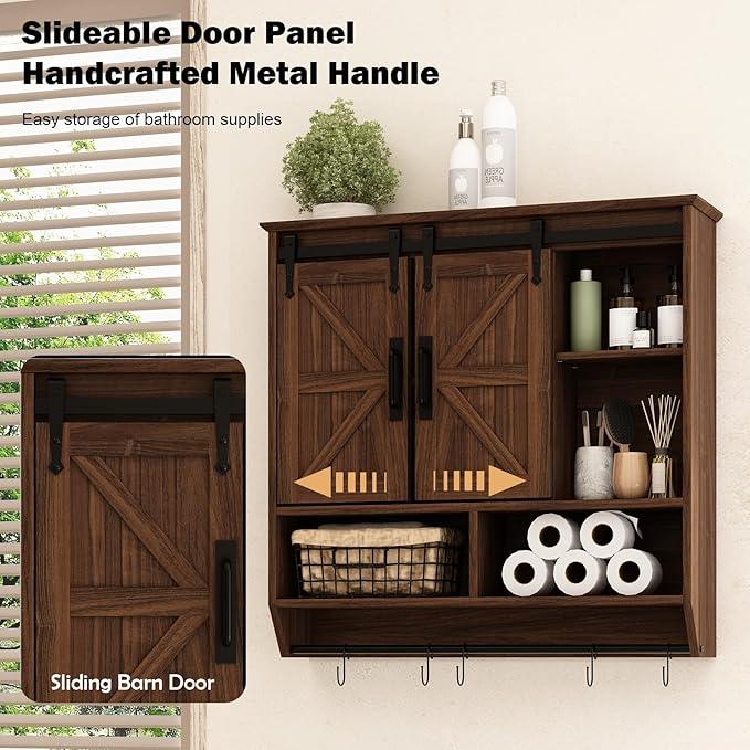 RUSTOWN Farmhouse Bathroom Wall Cabinet,3-Tier Rustic Wood Wall Mounted Cabinets,Vintage Medicine Cabinet with Sliding Barn Door and Adjustable Shelves,Over The Toilet Storage Cabinet (Dark Walnut) - ModernBath