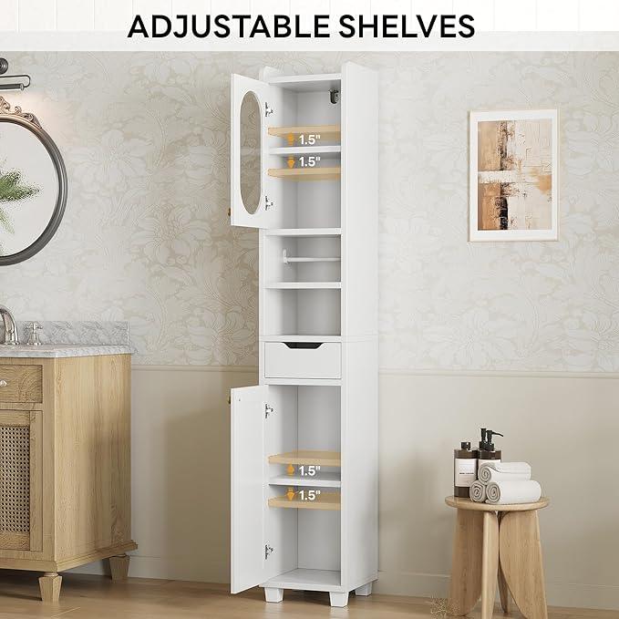 LIKIMIO 69" H Tall Bathroom Storage Cabinet with 2 Doors & 1 Drawer, Narrow Adjustable Shelves & Pull-Out Tissue Holder, Slim Freestanding Cabinet for Small Spaces, Kitchen, Entryway, White - ModernBath