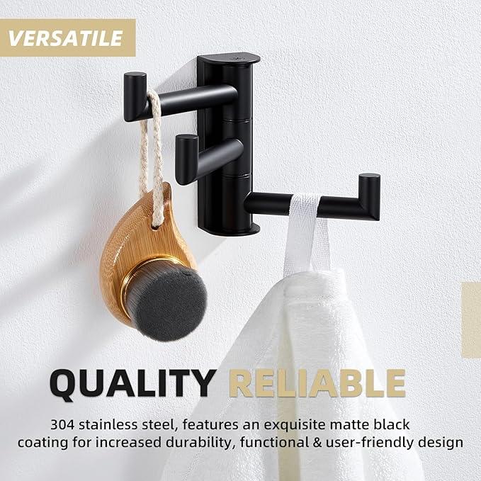 APLusee Swivel Towel Hook, 304 Stainless Steel Foldable Clothes Hook with Multi Three Rotating Arm, Flexible Bathroom Kitchen Storage Hanger Wall Mounted, Matte Black - ModernBath