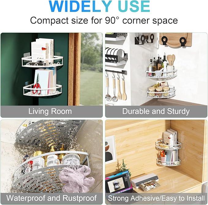 Corner Shower Caddy, 2 Pack Adhesive Bathroom Shower Corner Organizer Shelf, No Drilling Rustproof Wall Mounted Shower Storage Rack Shampoo Holder Organizer (White) - ModernBath
