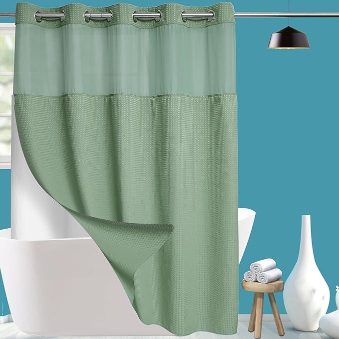 Conbo Mio Extra Long No Hook Sage Green Waffle Weave Shower Curtain with Snap in Liner Set, Hotel Luxury Shower Curtains for Bathroom with See Through Top Window, Waterproof, Washable 71W x 84H - ModernBath