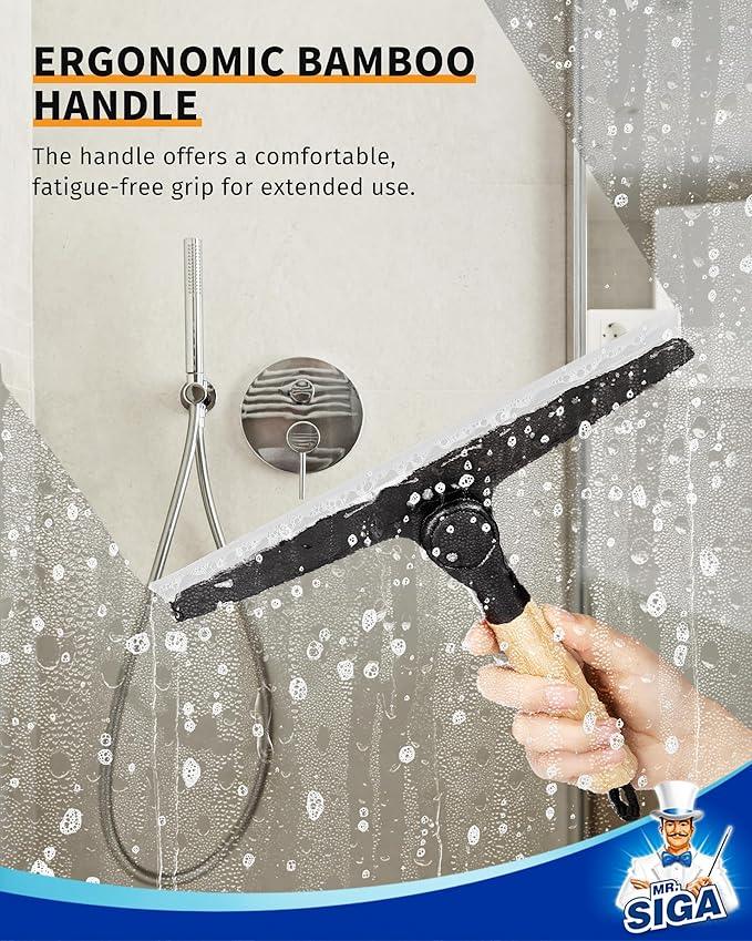 MR.SIGA All Purpose Silicone Squeegee for Shower Door, Mirror, Glass, Streak Free Shower Squeegee, Pivoting Bamboo Handle, Includes 1 Suction Hook, 10 inch Wide, Black, 1 Pack - ModernBath