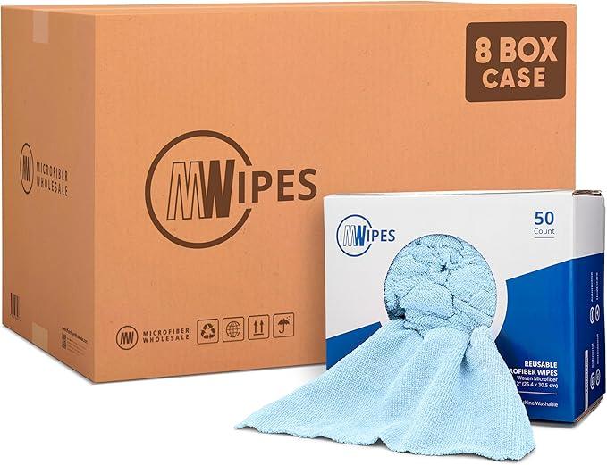 Blue Microfiber Shop Towels | MWipes Reusable Shop Rags | 50 Rags in a Box (400 Count) | Super Absorbent, Machine Washable Hundreds of Times | Automotive, Paint, Industrial, Detailing - ModernBath