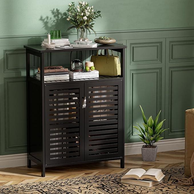 HITNET Black Bathroom Storage Cabinet, Freestanding Bamboo Floor Cabinet 4 Tier Tall Kitchen Cupboard with Door and Shelves - ModernBath