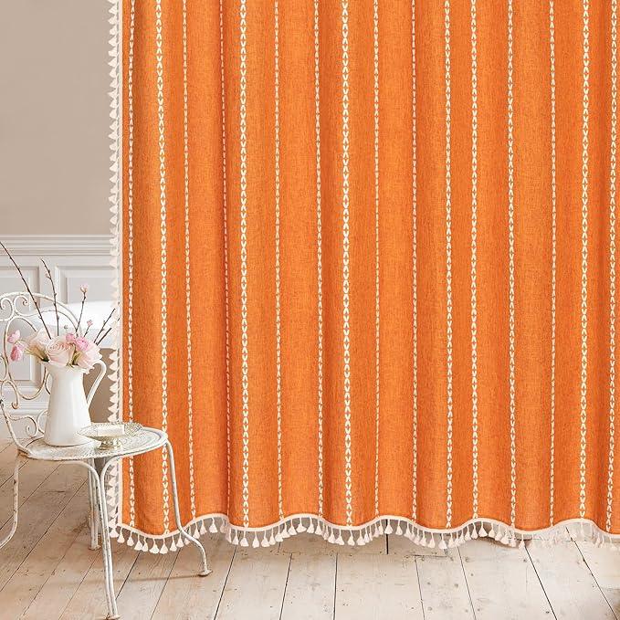 MitoVilla No Hooks Required Orange Boho Shower Curtain with Snap-in Liner, Farmhouse Cotton Linen Fabric Shower Curtains with Tassels for Rustic Neutral Bathroom Decor, Burnt Orange, 72 x 74 - ModernBath