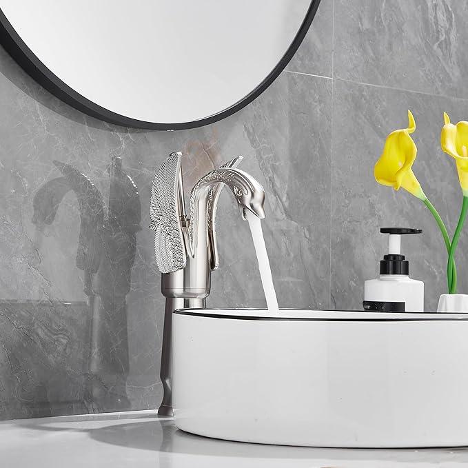 GGStudy Brushed Nickel Swan Shape Single Handle 1Hole Bathroom Vessel Sink Faucet Deck Mount Lavatory Sink Faucet - ModernBath