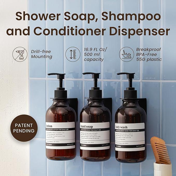 MaisoNovo Shampoo and Conditioner Dispenser - Shower Soap Dispenser Wall Mounted - 16.9 fl oz Set of 3 Amber Plastic Bottles Black Pump - 3 Chamber No Drill - ModernBath
