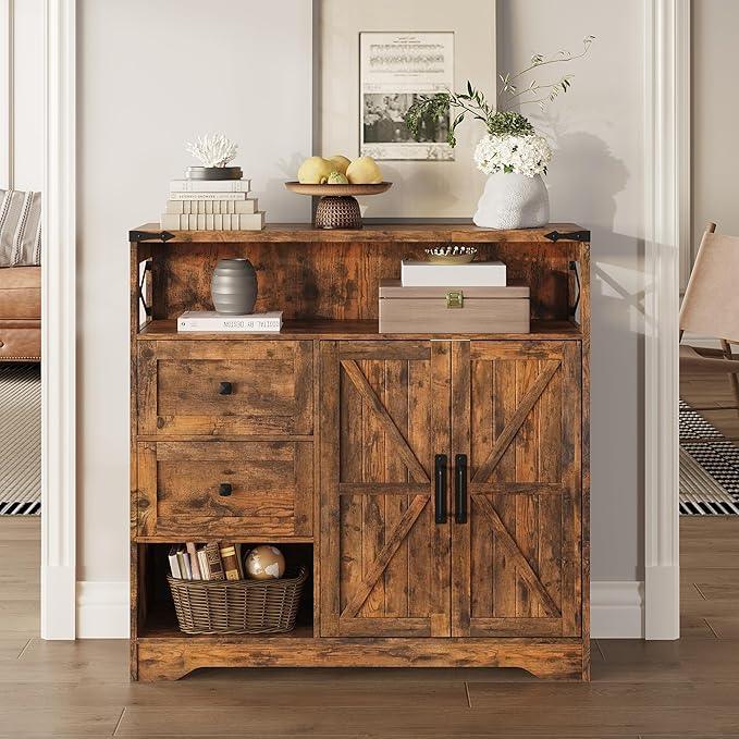 Fameill Farmhouse Storage Cabinet with Drawers and Open Storage,Freestanding Kitchen Pantry with 2 Barn Doors, Floor Cabinet with Adjustable Shelf for Living Room,Brown - ModernBath