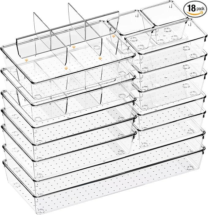 Criusia Drawer Organizer - 18 Pack Clear Large Kitchen Drawer Organization Trays, Non-Slip Dividers for Makeup, Jewelry, Utensils, Office, Bedroom, Bathroom - ModernBath