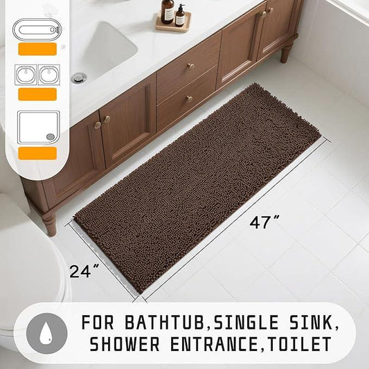 Yimobra Long Bathroom Rugs 47"x24", Extra Soft Non Slip Bath Mat for Tub, Super Absorbent Quick Dry Shaggy Rug Floor Carpet, Machine Washable,Brown - ModernBath