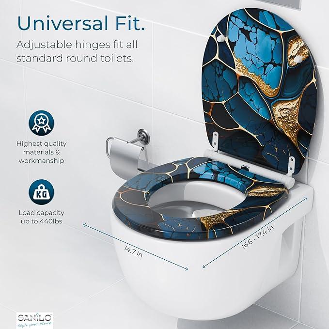 Sanilo Wooden Toilet Seat with Quick Release & Soft Close [ROUND] - Decorative & Slow Close Molded Wood Seat - With One Click for Easy Installation & Cleaning - With Adjustable Fit (Marble Cobalt) - ModernBath