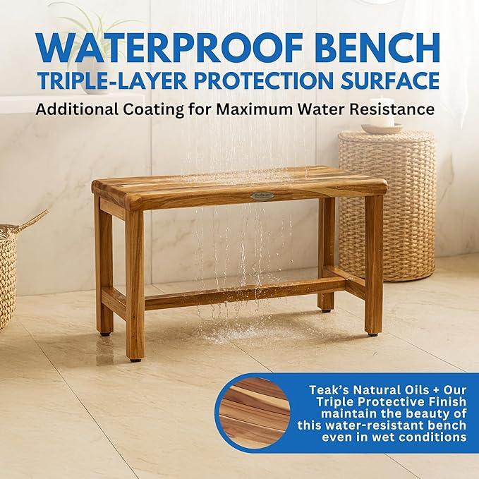 EcoDecors Eleganto 35 Inch Natural Color Waterproof Teak Wood Shower Bench Stool Seat Chair For Inside Shower Provides Safety, Storage, and Organization For Bathroom Accessories - ModernBath