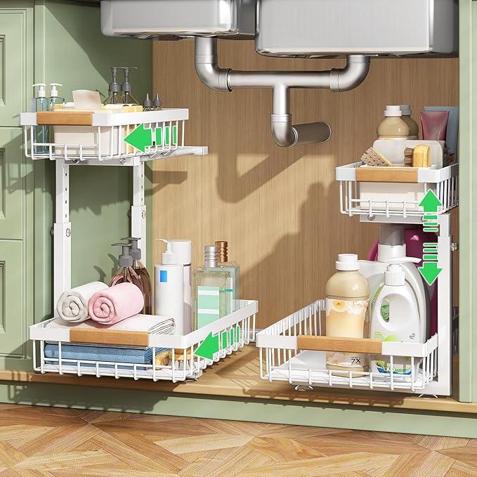 Kitstorack Under Sink Organizer, 2 Packs 2 Tier Under Sink Organizers and Storage, Slide out Pull out Cabinet Organizer Shelf, Metal Sliding Drawer for Kitchen Bathroom Pantry Closet Rack(White) - ModernBath