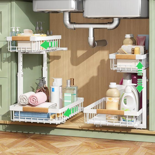 Kitstorack Under Sink Organizer, 2 Packs 2 Tier Under Sink Organizers and Storage, Slide out Pull out Cabinet Organizer Shelf, Metal Sliding Drawer for Kitchen Bathroom Pantry Closet Rack(White) - ModernBath