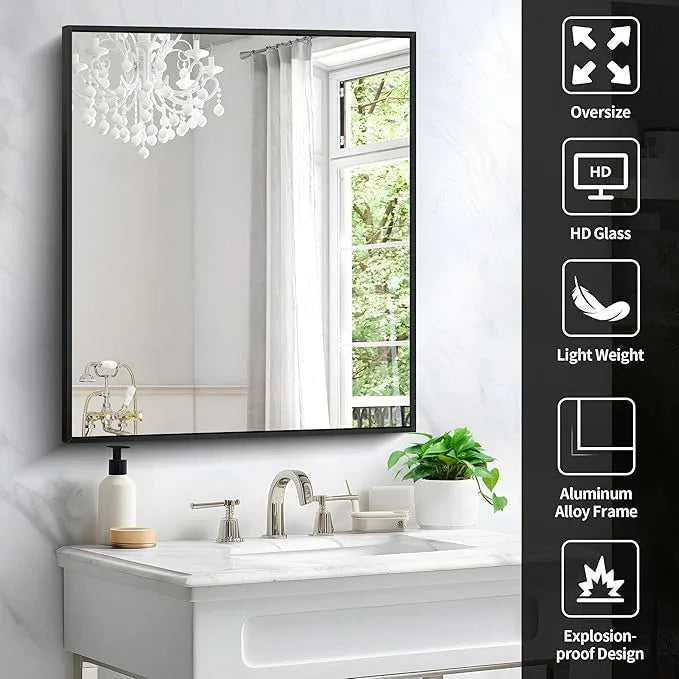 COFENY Black Bathroom Mirror for Wall, 30x36 Inch Rectangle With Metal Frame, Modern Vanity for Bathroom Living Room, Entryway Hangs Horizontal or Vertical - ModernBath