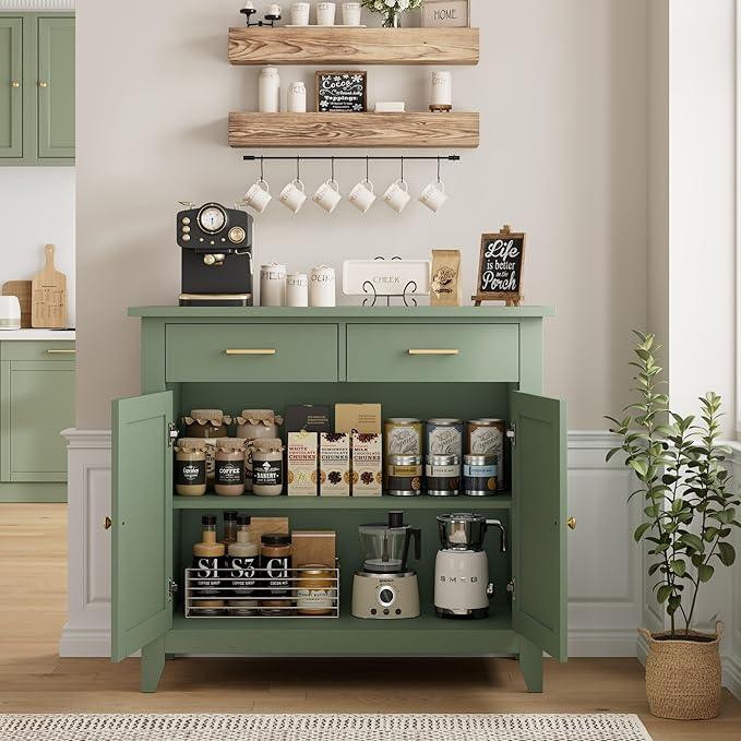 HORSTORS Kitchen Storage Cabinet, Modern Farmhouse Buffet Cabinet with Storage, Coffee Bar with 2 Drawers and 2 Doors, Floor Sideboard Buffet for Living Room, Dining Room, Bathroom, Green - ModernBath