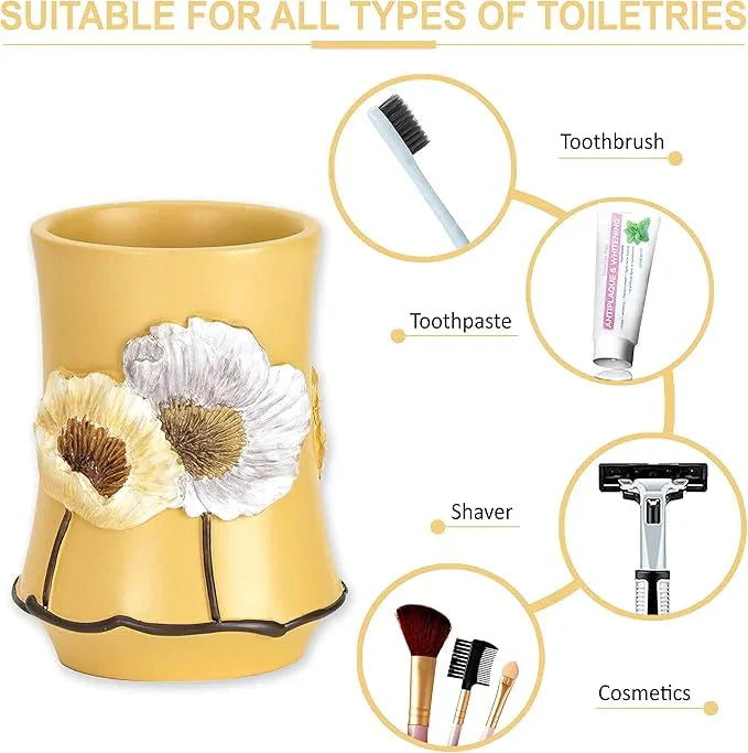Zahari Home 4pc Poppy Fields Yellow Bathroom Accessories Set Hand Soap Dispenser, Tumbler, Tooth Brush Holder and Soap Dish Modern Contemporary Decor Complete Bathroom Sets with Shower Curtains - ModernBath