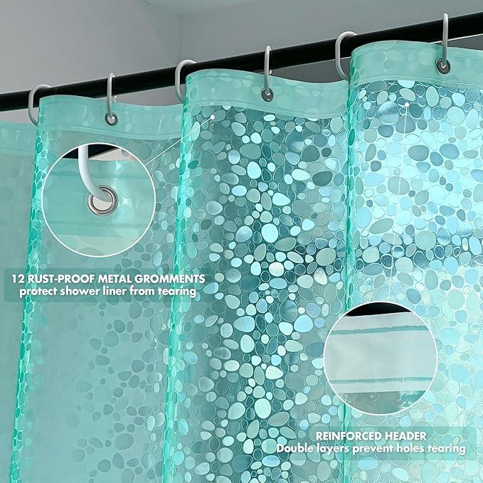 WELTRXE 8G EVA Clear Teal Shower Curtain with 3D Pebbles Design, 72x72 Inches Plastic Waterproof Shower Curtain Liner with Magnets/12 Hooks/Rustproof Grommets for Bathroom, Heavy Shower Liner - ModernBath