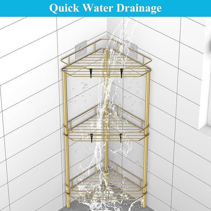 3 Tier Floor Standing Corner Shower Caddy Organizer Shelf with Hooks, Bathroom Shelves Stand Rack, Gold - ModernBath