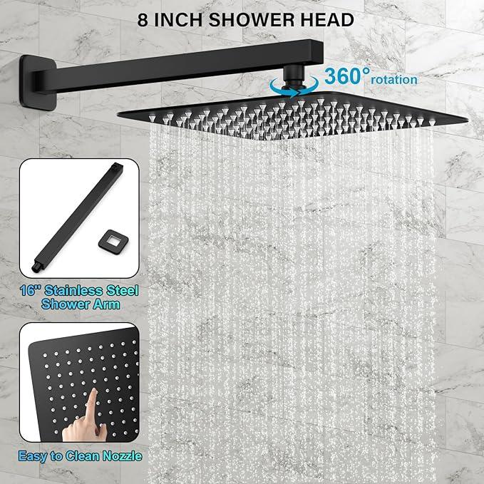 FPXRNG Black Shower Faucet Set, Rainfall Shower System with Square Shower Head and Handle Set, Wall Mounted Shower Fixtures, Full Metal Trim Repair Kit 8 inch Matte Black (With Shower Valve) - ModernBath