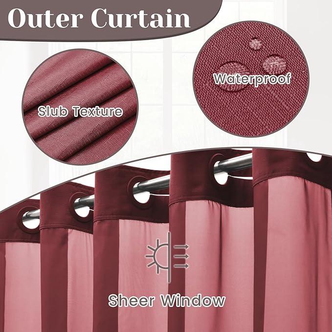 SORTTO No Hook Slub Textured Shower Curtain with Snap in Liner - Burgundy Fabric Outer Curtain & Waterproof Inner Liner, Hotel Style with See Through Top Window, 71x74 in - ModernBath