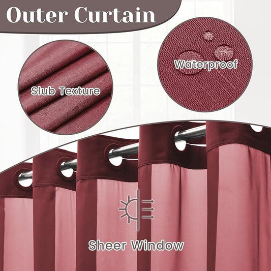 SORTTO No Hook Slub Textured Shower Curtain with Snap in Liner - Burgundy Fabric Outer Curtain & Waterproof Inner Liner, Hotel Style with See Through Top Window, 71x74 in - ModernBath