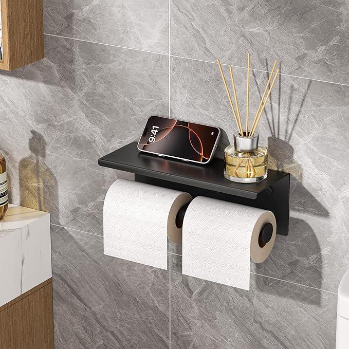 FORIOUS Double Toilet Paper Holder with Shelf, Wall Mount Tissue Roll Holder for Bathroom, 304 Stainless Steel Commercial Toilet Tissue Dispensers with Phone Shelf (1, Matte Black) - ModernBath