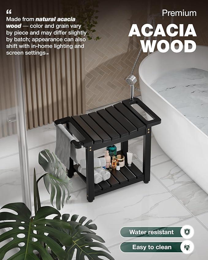 BLUEWEST Shower Bench Seat with Storage Shelf, Natural Wood Shower Benches for Inside Shower to Sit on, Waterproof Bathroom Spa Bench Stool for Legs Shaving with Built-in Handle & Shower Head Holder - ModernBath