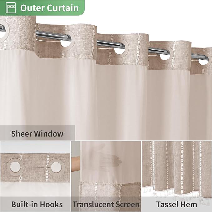 eachope No Hook Stall Shower Curtain with Snap-in Fabric Liner - 54x80 Heavy-Duty Linen Textured Striped Design,Narrow Rustic Modern Farmhouse Bohemian Bathroom Curtain,Water-Repellent,Tan/Taupe - ModernBath