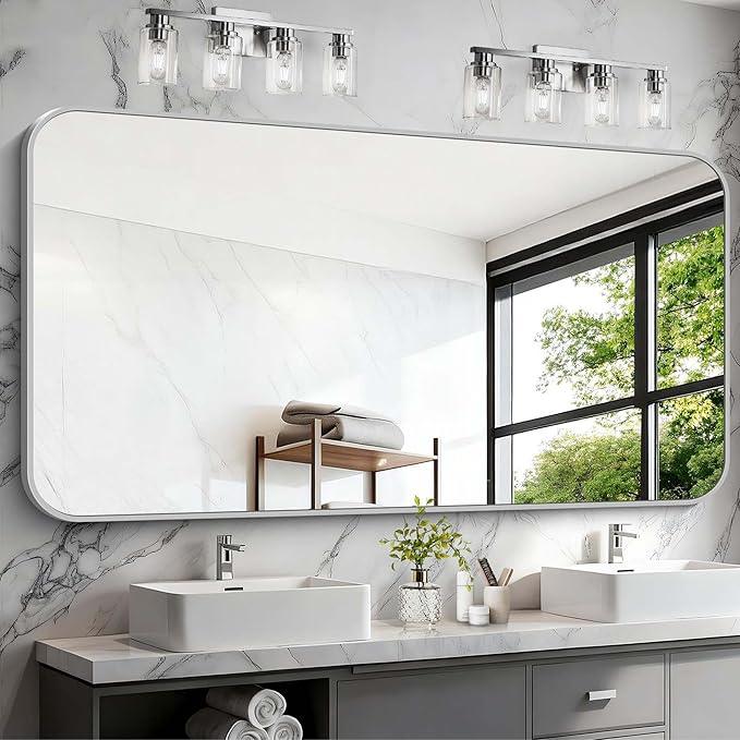 CIVENO Silver Bathroom Mirror, 72 x 36 Inch Large Rectangle Mirror, Rectangular Vanity Mirror Aluminum Metal Frame, Rounded Corner Wall Mirror for Living Room Bedroom Entryway Horizontal/Vertical - ModernBath