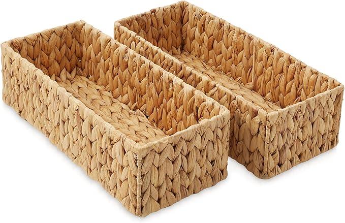 Casafield Set of 2 Bathroom Storage Baskets, Natural - Water Hyacinth, 16" W x 6.75" D x 4.25" H, Woven Toilet Tank Topper Bins for Organizing Tissues, Toilet Paper, Toiletries, Shelves - ModernBath