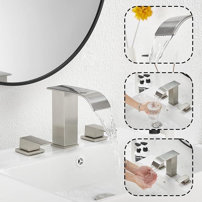 Waterfall Widespread Bathroom Faucet Brushed Nickel GGStudy 3 Holes 2 Handle Modern Bathroom Sink Faucet with Pop Up Drain - ModernBath