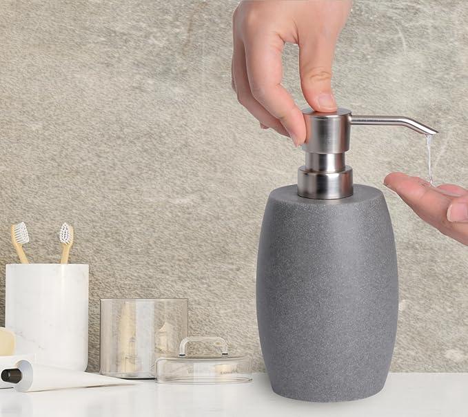 Clasin Home Sandstone Textured Resin Soap Dispenser with Metallic Pump and Waterproof Bottle Labels for Bathroom Kitchen Dish Hand Wash Shower Lotion Shampoo, 12 Oz, Gray - ModernBath