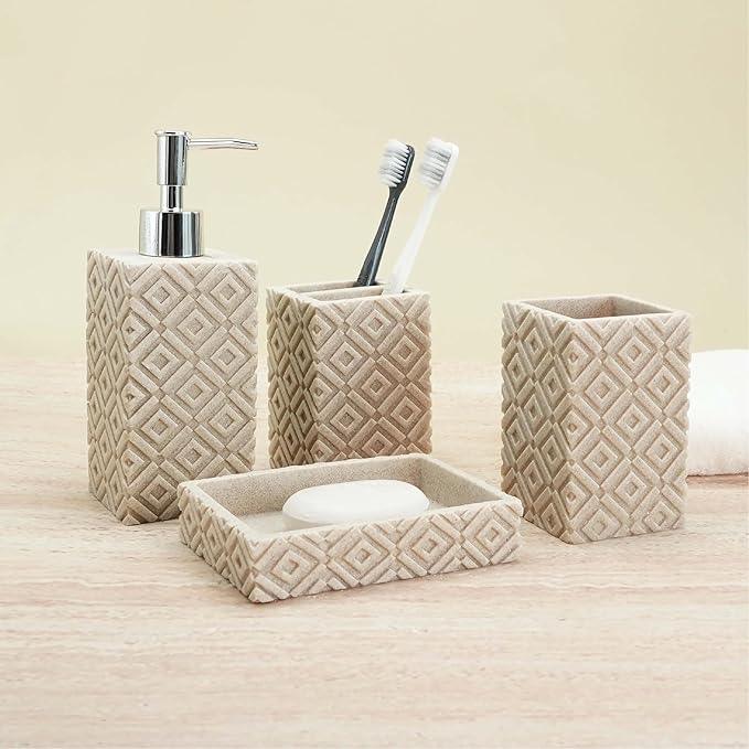 SEICASAYA 4-Piece Bathroom Accessory Set – Modern Resin & Sandstone Vanity Organizer, Vintage Texture Lotion Dispenser, Toothbrush Holder, Tumbler, Soap Dish (Beige) - ModernBath