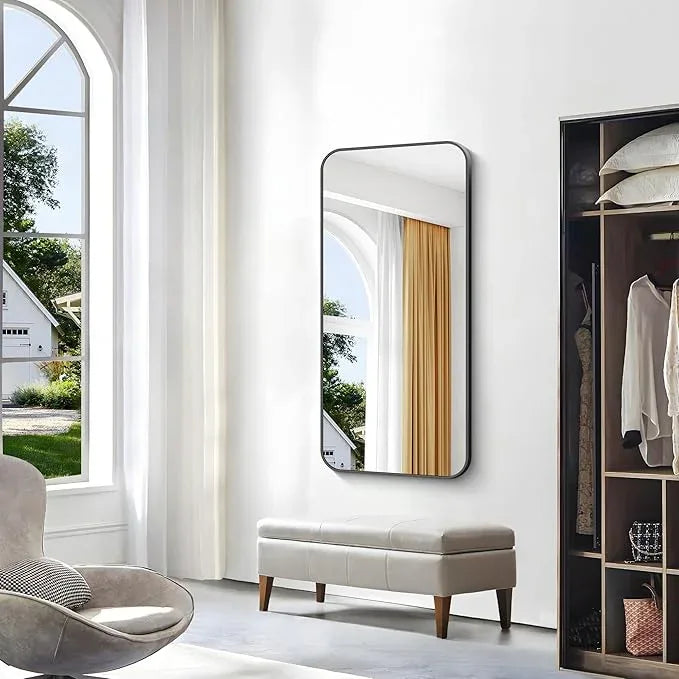 BONEWEI 24x48 inch Bathroom Mirror,Black Rectangle Mirror,Wall Mounted Bathroom Frame Vanity Mirror with Round Corner for Bedroom Living Room, Entryway Hangs Horizontal or Vertical - ModernBath