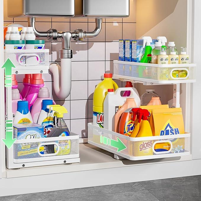 Under Sink Organizer, High Adjustable 2 Tier Under Sink Organizers and Storage, Slide Out Metal Cabinet Organizers, Pull Out Sink Storage Drawer Shelf for Kitchen Bathroom Cabinet, White, 2 Pack - ModernBath