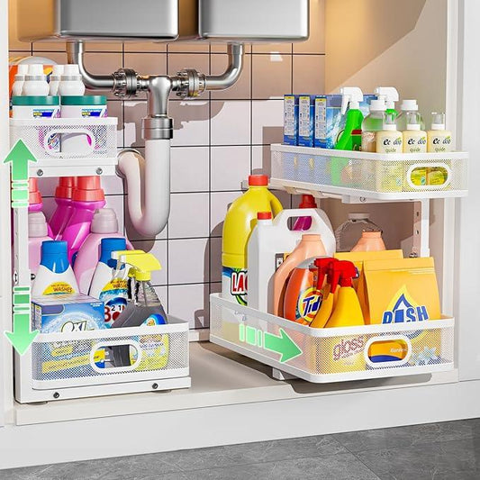 Under Sink Organizer, High Adjustable 2 Tier Under Sink Organizers and Storage, Slide Out Metal Cabinet Organizers, Pull Out Sink Storage Drawer Shelf for Kitchen Bathroom Cabinet, White, 2 Pack - ModernBath