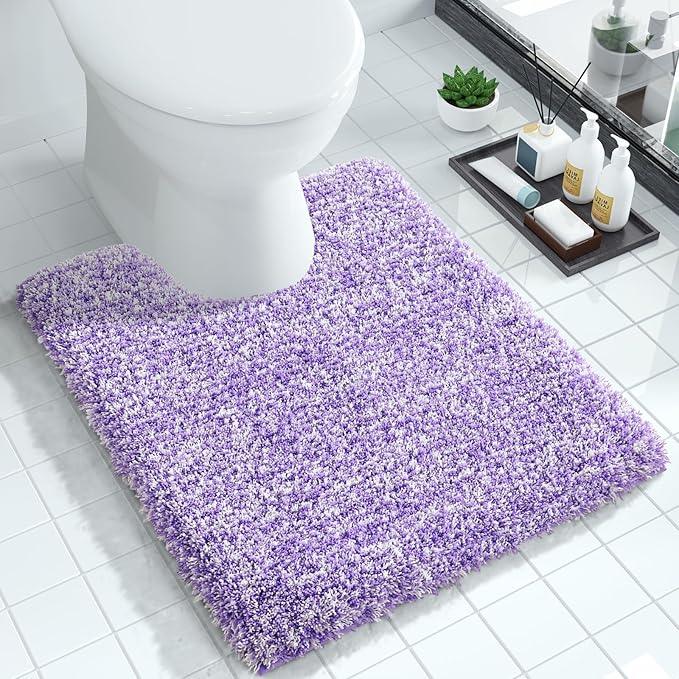 Yimobra Toilet Rugs U Shaped Washable 24x20, Ultra Soft and Water Absorbent Bath Mats, Non Slip Fluffy Shaggy Luxury Microfiber Contour Bath Rugs for Toilet, Dry Quick, Purple and White - ModernBath