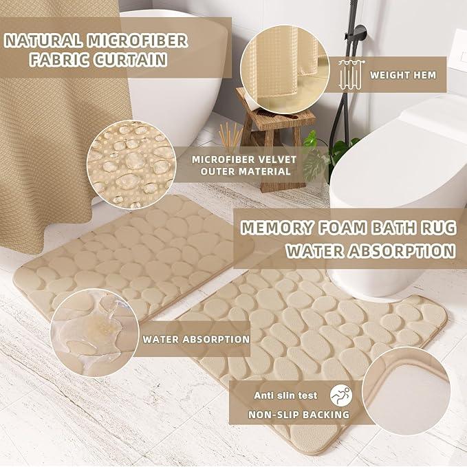 XLHOMO Bathroom Accessories Set - 25PC Bathroom Sets with Shower Curtain and Rugs, Beige Bathroom Accessories with Trash Can, Soap Dispenser, Soap Dish & Toilet Brush - ModernBath