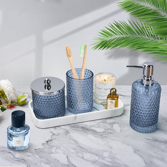 Bathroom Accessories Set,4 Pcs Blue Glass Bathroom Accessories Sets-Lotion Soap Dispenser,Toothbrush Holder,Qtip Holder Dispenser & Resin Vanity Tray,Countertop Vanity Organizer,Blue - ModernBath
