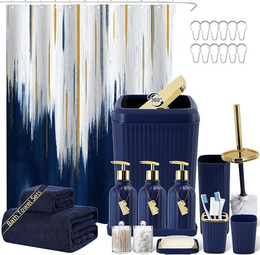 WSBArt 32PCS Bathroom Accessory Set Bathroom Accessories Set Navy Blue Bathroom Set, Shower Curtain Set, 2 Piece Bath Towel Set, 3PC Soap Dispenser, Toilet Brush & Trash Can - ModernBath