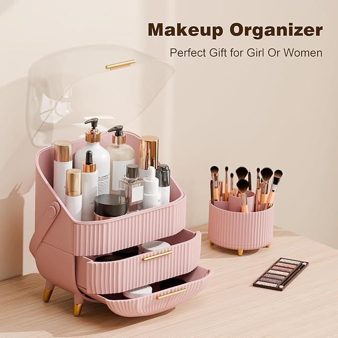 lurcns Makeup Organizers and Storage Make up Organizer for Vanity Cosmetics Skincare With Lid and Drawers Display Cases for Countertop Bathroom Women Teenager Girl Gifts(Pink+Brush Holder) - ModernBath
