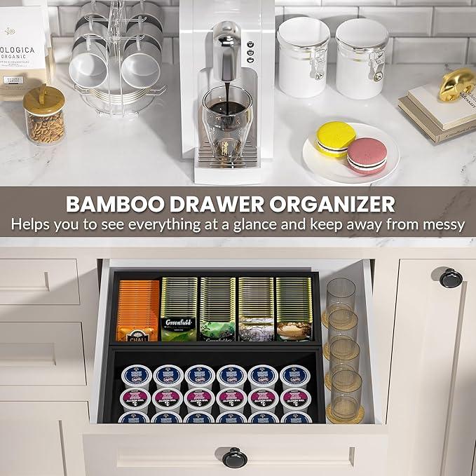 Kitchen Drawer Organizer Bins, Stackable Bamboo Drawer Organizer for Silverware, Coffee Pod Organizer K Cup Holder for Countertop, 2 Pcs Coffee Station Organizer Black 12" x 6" x 2.5" - ModernBath
