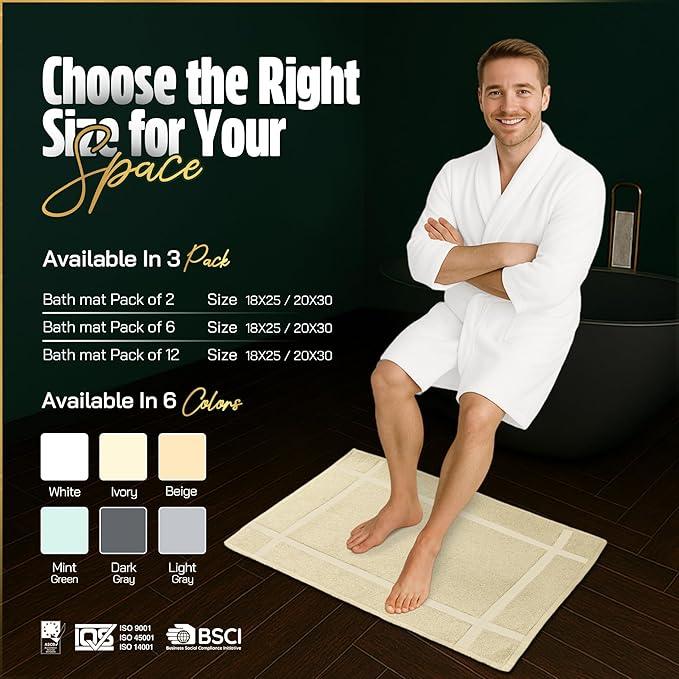 Pearl Linens Pack of 2 100% Cotton Bath Mat 18x25 inches, Soft & Absorbent Quick Dry Bathroom Mat Set, Not Bathroom Rugs, After Shower Mat, Bath Tub Mat, 687 GSM, Machine Washable, Beige - ModernBath