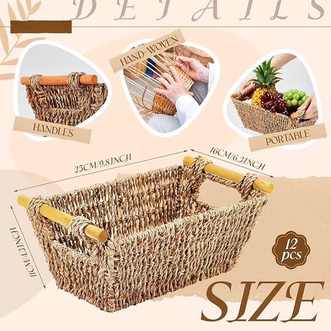 Marsui 12 Pcs Small Hand Woven Wicker Baskets with Wooden Handles, Seagrass Rattan Storage Baskets Bin Organizer Shelf Pantry for Bathroom Storage Towel Kitchen Washroom Gifts Decor, 9" x 6" x 4" - ModernBath