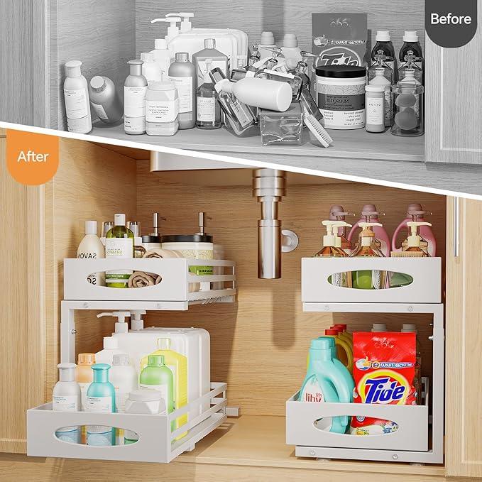 Under Sink Organizer, 2 Tier Under Sink Organizers and Storage, Adjustable Height, Slide out Metal Cabinet Organizers, Pull out Cabinet Storage Drawer Shelf for Kitchen Bathroom - ModernBath