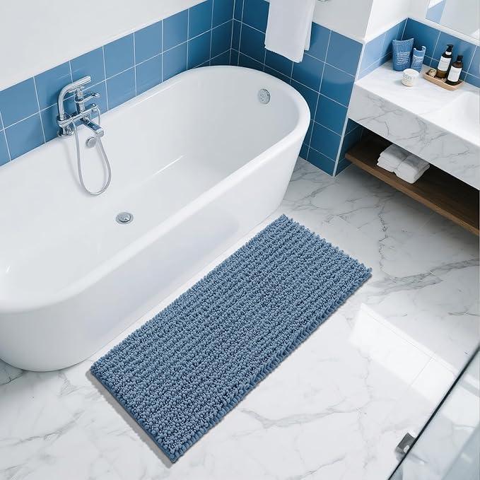 Yimobra Bathroom Runner Rug 55x24 Inch - Extra Long Non Slip Chenille Bath Mat, Soft & Absorbent, Machine Washable Shaggy Hallway Carpet for Vanity Tub Shower, Denim Blue Home Decor Accessories - ModernBath