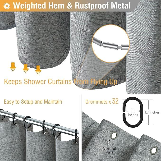 BTTN Extra Long Fabric Shower Curtain - 180x72 Inch Linen Textured Heavy Duty Tall Cloth Shower Curtain Set with 32 Plastic Hooks, Large Hotel Luxury Polyester Shower Curtains for Bathroom, Gray/Grey - ModernBath