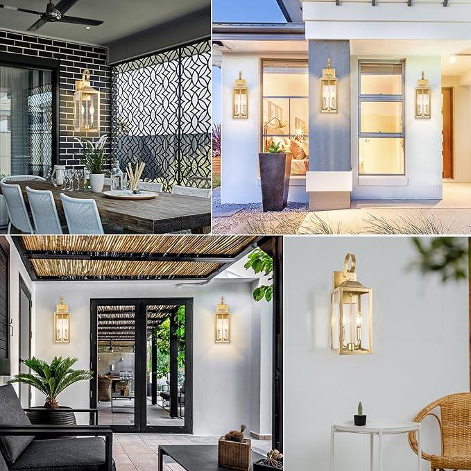 19" Gold Outdoor Wall Lantern 2-Light, Large Modern Wall Sconce Light Fixture, Industrial Porch Light with Glass, Waterproof Farmhouse Exterior Lamp (1 Pack) - ModernBath